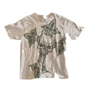 RARE Affliction T-SHIRT M Limited Mens Distressed LIVE FAST WHITE Skull